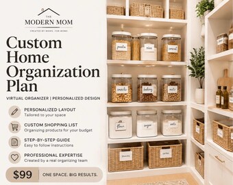 May include: A custom home organization plan advertisement featuring text and a pantry with white shelves, clear glass canisters with white lids and labels, and woven wicker baskets. The text includes The Modern Mom and service details.