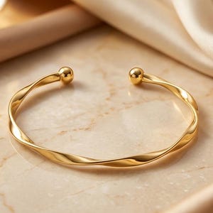 925 Sterling Silver Twisted Ball End Cuff, Polished Wavy Bangle (Yellow Gold Plated)