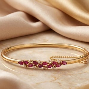 Brazalete con racimo de hojas de rubí, plata de ley 925, brazalete articulado chapado en oro amarillo