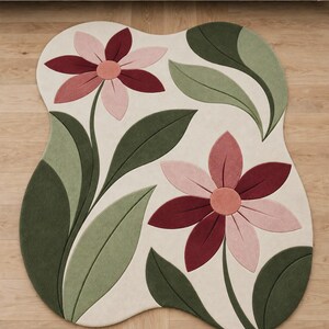 Groen bloemenkleed, botanisch bloemenkleed, modern organisch gevormd tapijt, bordeauxroze eigentijdse decoratie