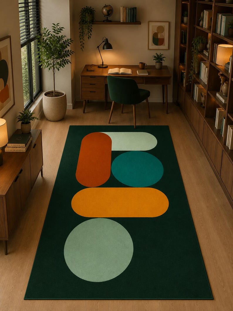 Designer inspired green abstract carpet with bold multicolour geometric shapes and modern styling