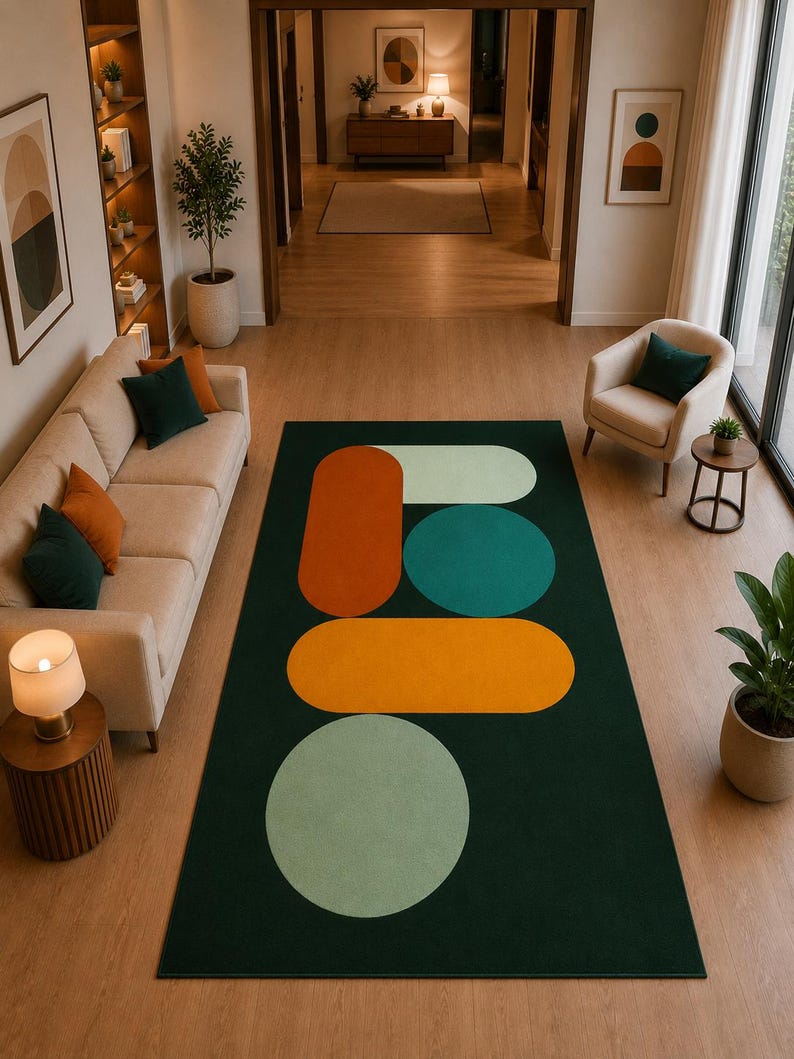 Modern green living room rug with abstract orange yellow and mint geometric pattern