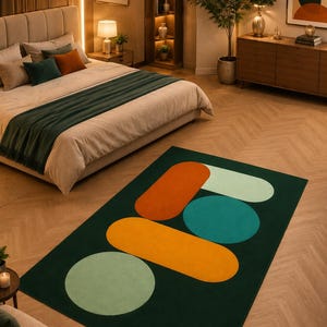 Abstract geometric area rug in green orange mustard yellow mint and ivory for modern home decor