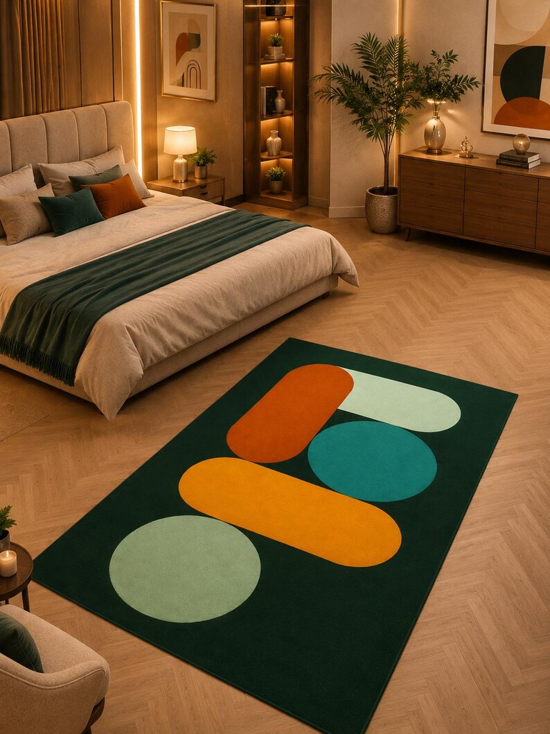 Abstract geometric area rug in green orange mustard yellow mint and ivory for modern home decor