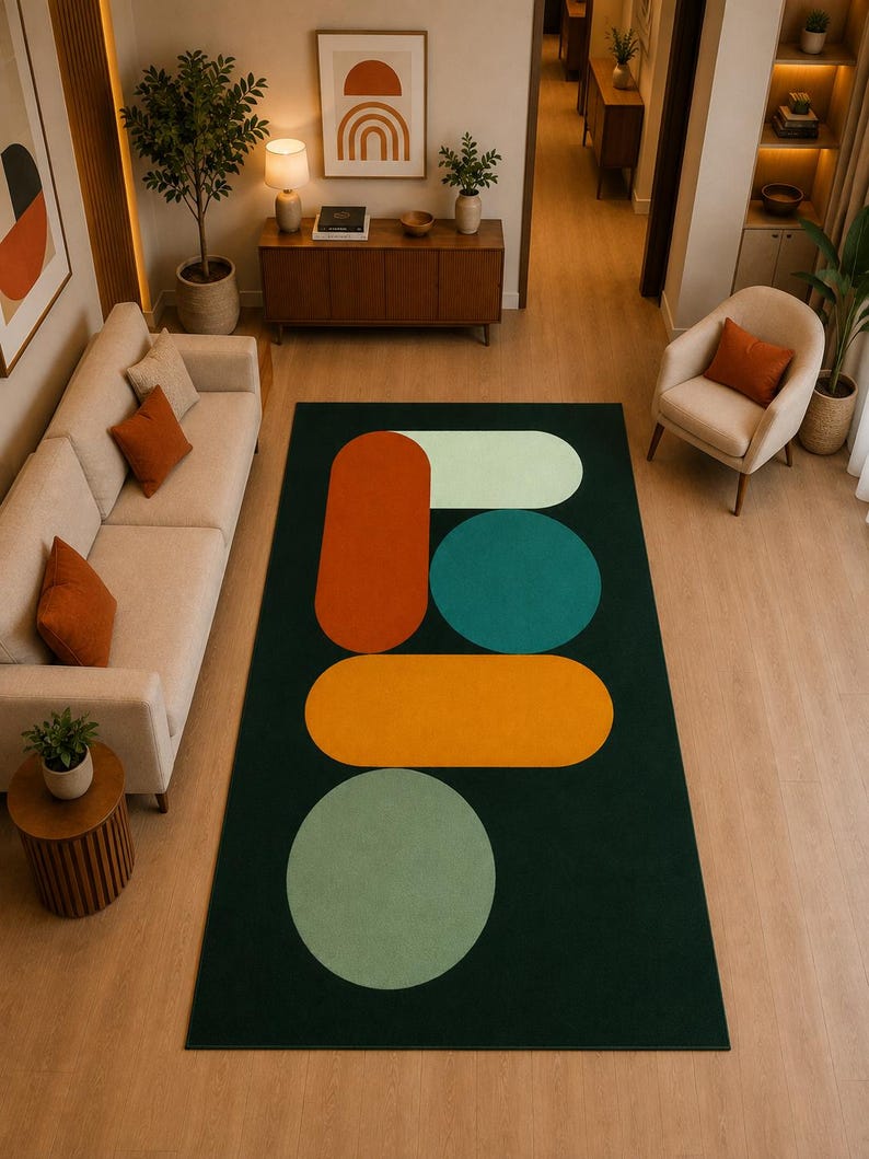 Modern rectangular area rug featuring deep green base with orange yellow mint and ivory shapes