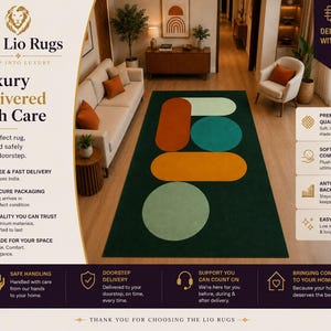 May include: A rectangular area rug featuring a dark green background with a geometric pattern of large, rounded shapes in burnt orange, mustard yellow, and light sage green, displayed in a living room setting with a sofa and armchair.