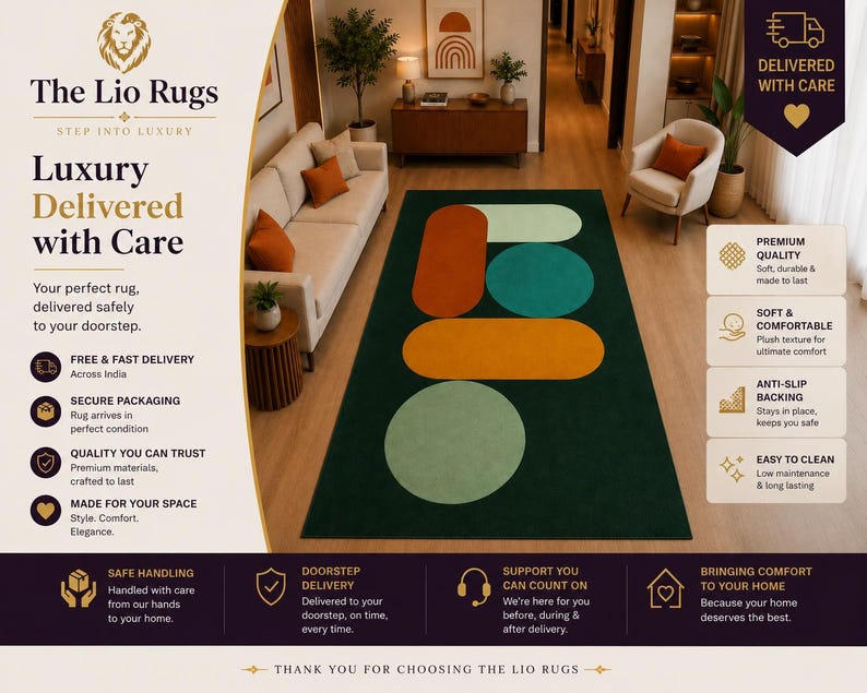 May include: A rectangular area rug featuring a dark green background with a geometric pattern of large, rounded shapes in burnt orange, mustard yellow, and light sage green, displayed in a living room setting with a sofa and armchair.