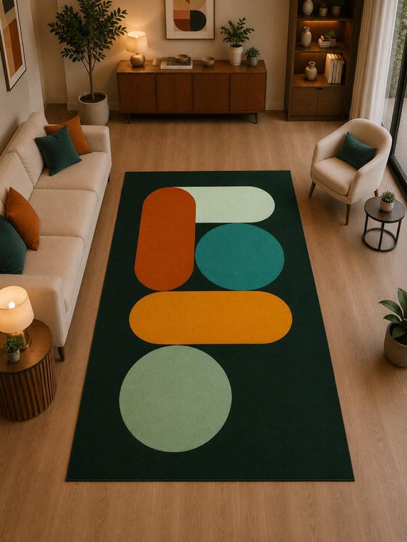 Green Abstract Area Rug, Modern Geometric Rug, Colourful Contemporary Carpet for Living Room