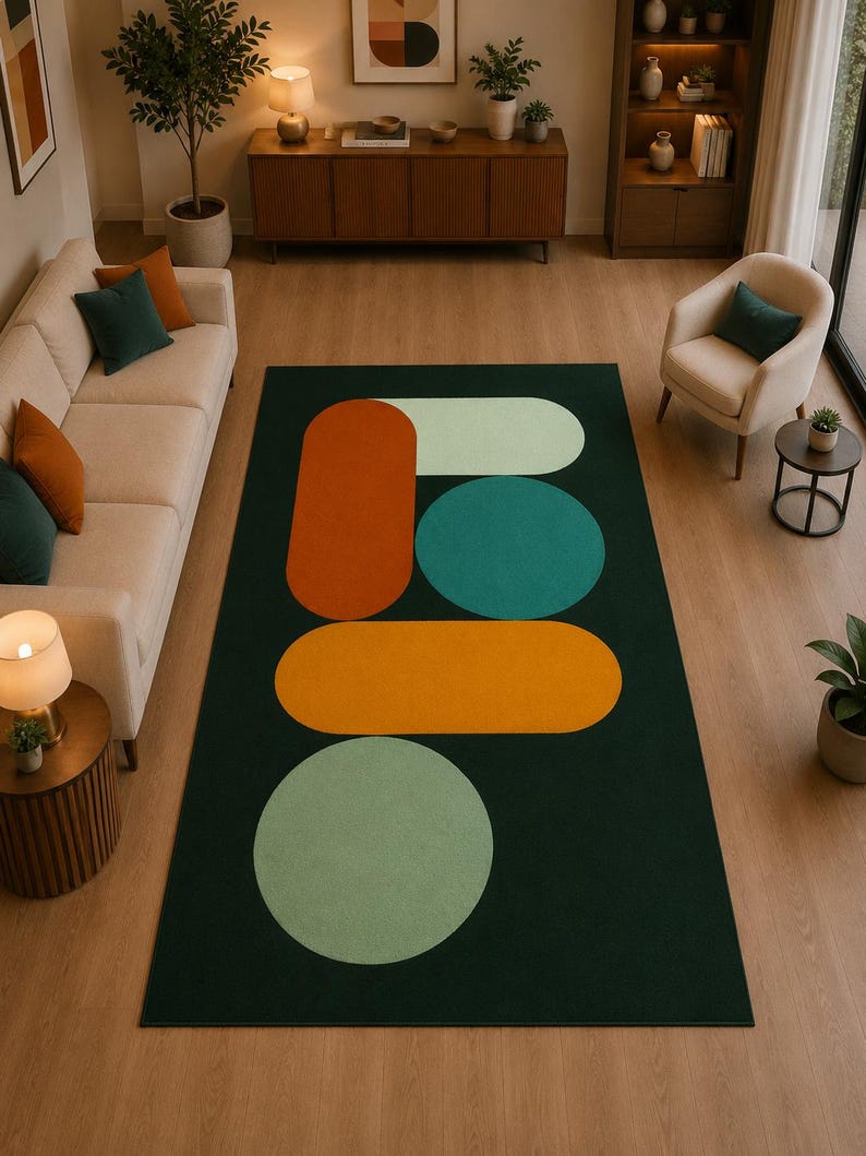 Modern geometric area rug with deep green background and colourful orange yellow mint and ivory shapes