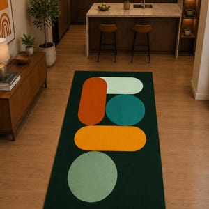 Colourful modern rug with geometric pill and circle shapes styled in a contemporary kitchen interior