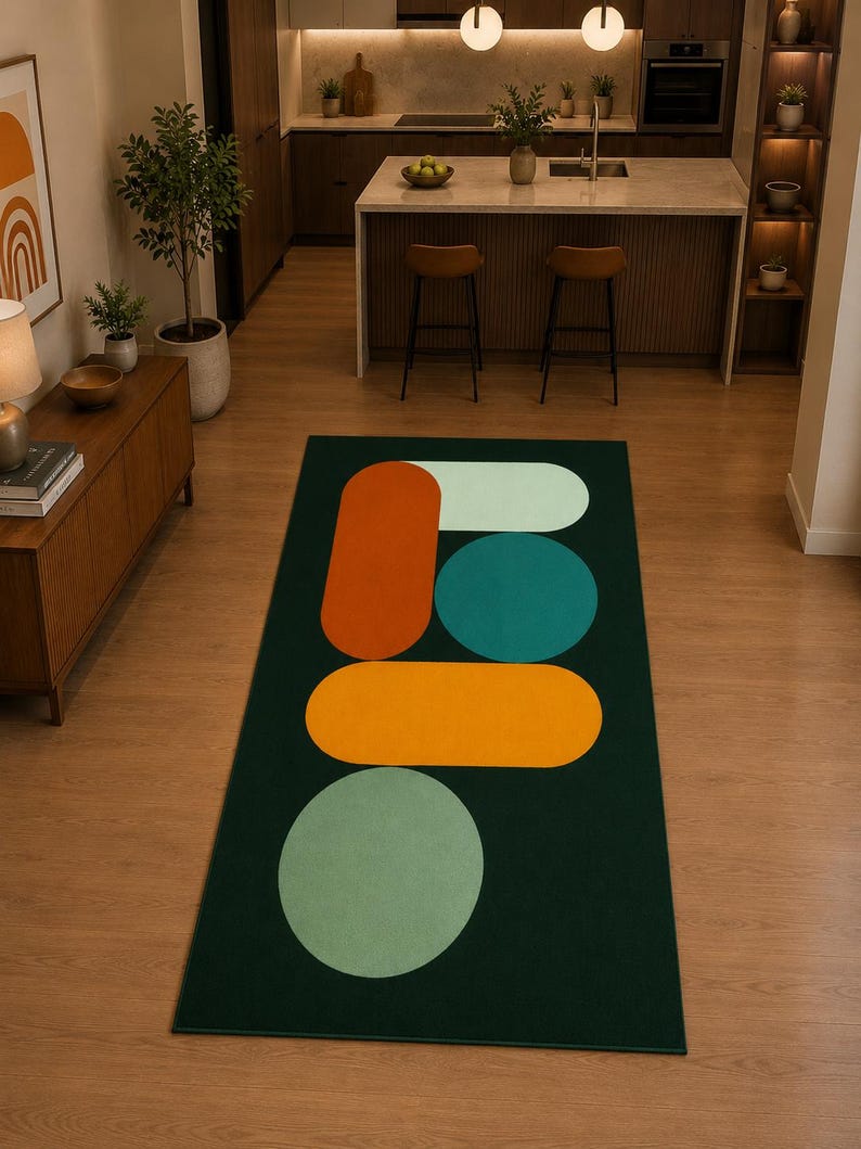 Colourful modern rug with geometric pill and circle shapes styled in a contemporary kitchen interior
