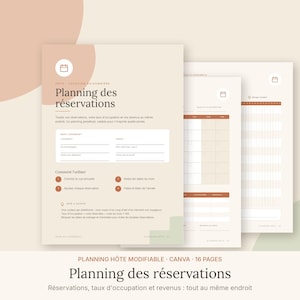 May include: A 16-page editable reservation planner template for hosts, featuring a beige and terracotta color scheme. The document includes sections for tracking bookings, occupancy rates, and revenue, with text in French throughout the pages.