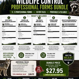 May include: A digital bundle of five professional wildlife control forms including an entry point inspection report, service completion report, trap monitoring log, work authorisation, and exclusion warranty, all available as printable and fillable PDFs.