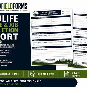 May include: A two-page Wildlife Service and Job Completion Report form in US Letter 8.5 x 11 inch size. The document features sections for customer information, service details, target species, work performed, and materials used in black text.