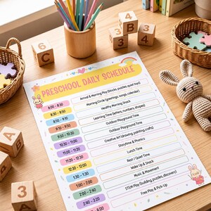 Può includere: Un programma giornaliero per la scuola materna stampato su una scrivania in legno, con blocchi orari colorati e descrizioni delle attività. Il foglio è circondato da cubi di legno, un portamatite, un coniglietto all'uncinetto e un cestino.