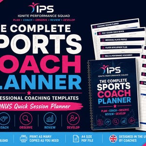 Könnte beinhalten: Ein digitales Sport-Trainerplaner-Set mit einer spiralgebundenen Titelseite mit dem Text The Complete Sports Coach Planner, Ignite Performance Squad und 11 professionellen Coaching-Vorlagen. Enthält verschiedene druckbare Seiten für Spielerprofile, Sitzungsberichte und Entwicklungspläne.