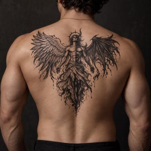 May include: A black and gray ink tattoo on a back featuring a dual-natured figure with one feathered wing and one bat-like wing. The central figure has a halo, flowing drapery, and a split appearance, with ink drips extending from the wings.