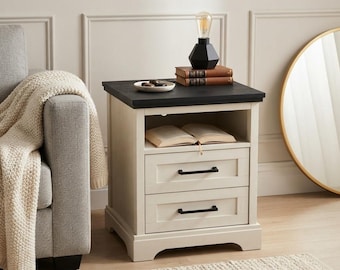 2 Drawers Wooden Nightstand with Charging Station And USB Port | Shelf Nightstand | Small Nightstand | Rustic Side Table