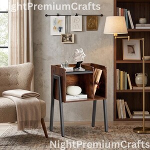 Vintage Industrial Side Table with Open Shelves | Rustic Nightstand | Wooden Nightstand | Metal Frame Table | Small Space Furniture