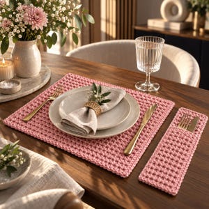 Peut inclure: Un set de table rectangulaire en crochet rose et un porte-couverts étroit assorti. L'ensemble comprend une assiette en céramique claire, une serviette en lin pliée avec un rond de serviette tressé, une fourchette dorée, un couteau doré et un verre strié.
