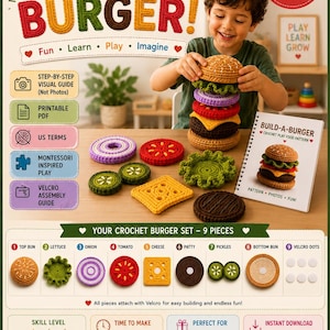 May include: A crochet play food pattern titled BUILD-A-BURGER featuring a nine-piece set including a top bun, lettuce, onion, tomato, cheese, patty, pickles, bottom bun, and velcro dots. The set includes a printable PDF guide with US terms.