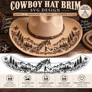 May include: A digital design file for a cowboy hat brim featuring a black line art illustration of a horse head, mountain range, pine trees, and floral flourishes. The text reads COWBOY HAT BRIM SVG DESIGN, HORSE, MOUNTAINS, TREES, WESTERN STYLE.