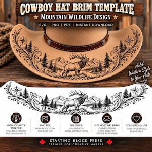 Puede incluir: Una plantilla digital para el ala de un sombrero vaquero con un diseño de montaña y vida silvestre que incluye un alce, pinos y estrellas brújula. El gráfico se muestra aplicado en un sombrero beige y como ilustración lineal en blanco y negro.