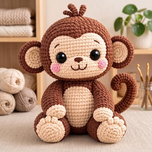 May include: A crocheted monkey stuffed animal featuring dark brown yarn for the body and light beige yarn for the face, ears, chest, and feet. The monkey has large black plastic eyes, a small brown nose, a stitched mouth, and pink yarn cheeks.