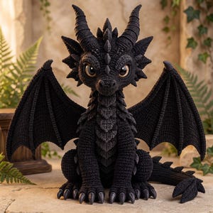 May include: A black crocheted dragon figurine featuring large, expressive light-colored eyes, textured wings, and a series of pointed scales running down its head, back, and tail. The creature is depicted in a seated position with visible claws.