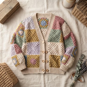 May include: A long-sleeve V-neck cardigan made of crocheted granny squares in muted shades of lavender, sage green, mustard yellow, and cream. The garment features a ribbed cream-colored trim along the neckline, cuffs, and hem, with four wooden buttons.