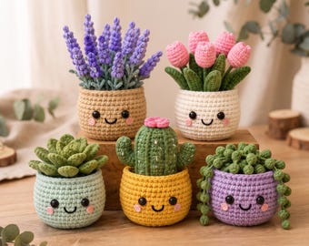 May include: Five crocheted plant pots with smiling faces, including lavender in a tan pot, pink tulips in a white pot, a green succulent in a light green pot, a cactus in a yellow pot, and a string of pearls in a purple pot. Text reads: 5 ADORABLE PLANT POTS - FUN TO MAKE - PERFECT GIFT IDEA.
