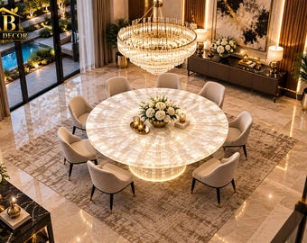 Luxury Selenite Dining Table, Round Crystal Pedestal Table for Elegant Modern Dining Rooms