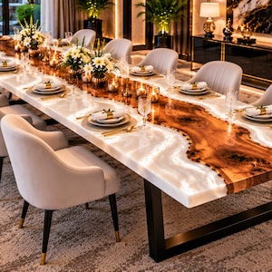 White Marble Effect Dining Table, Natural Wood Epoxy River Furniture, Luxury Modern Rectangular Dining Room Table