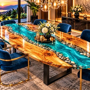 May include: An oval dining table featuring a live-edge wood surface with a central river design made of blue resin and embedded smooth river stones, supported by black metal legs, surrounded by six blue velvet chairs with gold metal frames.