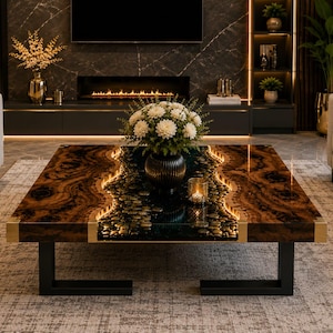 Könnte beinhalten: Ein quadratischer Couchtisch mit einer Tischplatte aus dunklem Maserholz, einer zentralen flussartigen Einlage aus glatten dunklen Steinen und integrierter warmer LED-Beleuchtung. Der Tisch hat goldfarbene Metallecken und ein schwarzes U-förmiges Metallgestell.