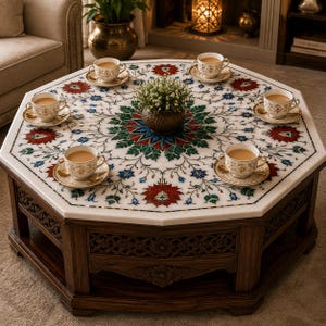Peut inclure: Une table basse octogonale en bois avec un plateau en marbre blanc orné d'un motif floral incrusté rouge, vert et bleu. Six tasses à thé en porcelaine blanche à bordure dorée et leurs soucoupes sont disposées autour d'une plante centrale.