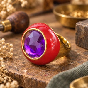 Puede incluir: Un anillo de tono dorado con una gran piedra preciosa púrpura facetada y redonda, engastada en un bisel de esmalte rojo vibrante y liso. El anillo tiene una banda de color dorado pulido y un perfil redondeado y sólido que resalta el contraste entre la piedra púrpura y el acabado de esmalte rojo.