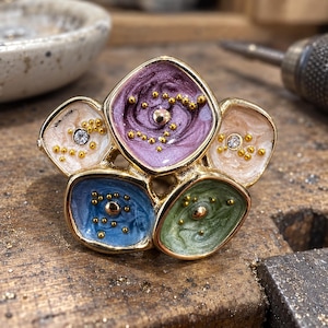 Multicolor Enamel Flower Statement Ring, Bold Floral Cocktail Band, 18K Gold Plated Split Shank Jewelry, Dopamine Gift for Best Friend