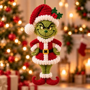 May include: A crocheted hanging ornament depicting a green character with a mischievous expression, wearing a red Santa hat with a white pom-pom, a red coat with white trim, a black belt with a yellow buckle, and red curled-toe elf shoes.