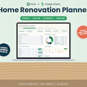 Op de afbeelding: Een digitale woningrenovatieplanner voor Excel en Google Sheets weergegeven op een laptopscherm. De interface bevat een financieel overzicht, een cirkeldiagram voor uitgaven per categorie en projectplantabellen. Inclusief tekstlabels voor budget, offertes, betalingen en tijdlijn, plus ronde badges met de tekst dat er voorbeeldnummers zijn ingevuld en dat lichte en donkere thema's zijn inbegrepen.