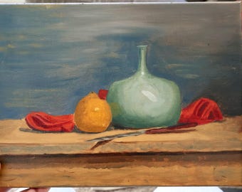 Original Still Life Oil Painting, Green Pitcher and Fruit, Vintage Kitchen Wall Art