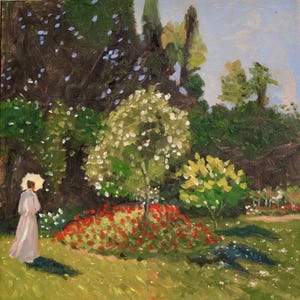 May include: An oil painting depicting a garden scene with a figure in a long white garment holding a light-colored parasol. The landscape features a central white flowering tree, a bed of red flowers, green foliage, and a blue sky.