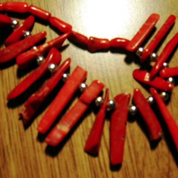 Red Coral Necklace With Barrel beads & Spikes 17"-19" adjustable