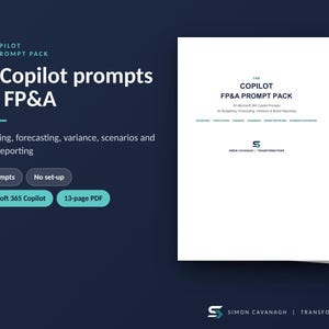 Puede incluir: Un documento PDF de 13 páginas titulado The Copilot FP&A Prompt Pack, que contiene 55 prompts de Microsoft 365 Copilot para presupuestos, previsiones, variaciones, escenarios e informes. El fondo azul oscuro muestra texto y botones descriptivos.