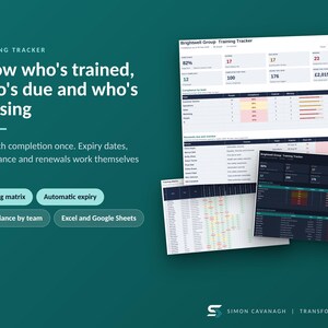 May include: A digital training tracker dashboard displayed on a dark teal background. The text reads: Training Tracker, Know who's trained, who's due and who's missing. Features include a training matrix, automatic expiry, and compliance by team.