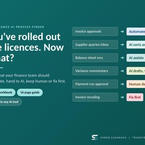 May include: A dark teal infographic titled The Finance AI Process Finder. It lists finance tasks like invoice approvals and supplier queries, mapping them to AI actions such as Automate, AI sorts and flags, AI assists, AI drafts, you review, Human decides, and Fix first. Includes Excel workbook and 16-page guide labels.