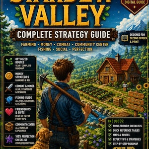Könnte beinhalten: Ein digitaler Strategieführer für Stardew Valley mit 28 Seiten. Das Cover zeigt eine Figur mit einer Spitzhacke, einen Hund, ein Holzhaus und einen Bauernhof. Der Text umfasst "The Ultimate Guide to 100% Completion", "Complete Strategy Guide" und "Includes: Print-Friendly Checklists."
