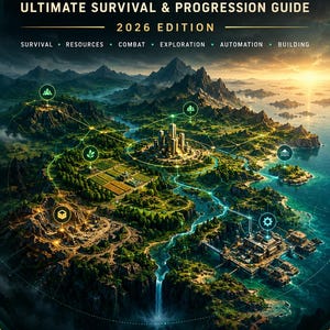May include: A 41-page digital strategy guide titled BLOCKWORLD ULTIMATE SURVIVAL & PROGRESSION GUIDE 2026 EDITION. The cover features a detailed fantasy landscape with mountains, a central city, rivers, and glowing icons for survival and building.