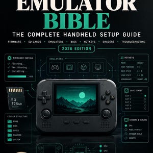 May include: A 44-page digital handbook titled Retro Emulator Bible 2026 Edition, featuring a handheld gaming console in the centre. The guide includes technical diagrams for firmware, SD cards, emulators, hotkeys, save states, and folder structures.