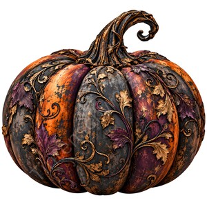 May include: A decorative pumpkin featuring a dark, weathered finish in shades of orange, purple, and charcoal gray. The surface is adorned with raised, metallic gold-toned filigree scrollwork and sculpted leaf accents, topped with a curved stem.